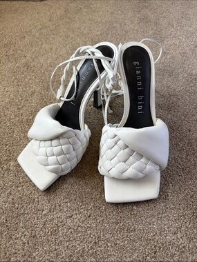 Gianni Bini White Braided Square-Toe ankle wrap Heels